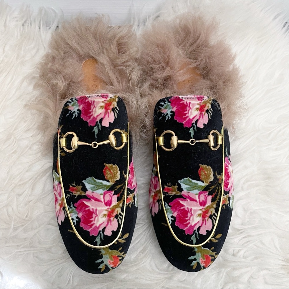 Gucci Black Floral Slippers with Gold Accents